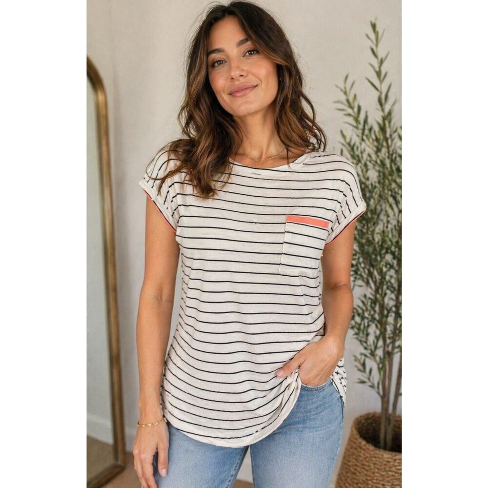 Papermoon Black White Stripe Cap Sleeve Top Coral Trim Back Button Detail
